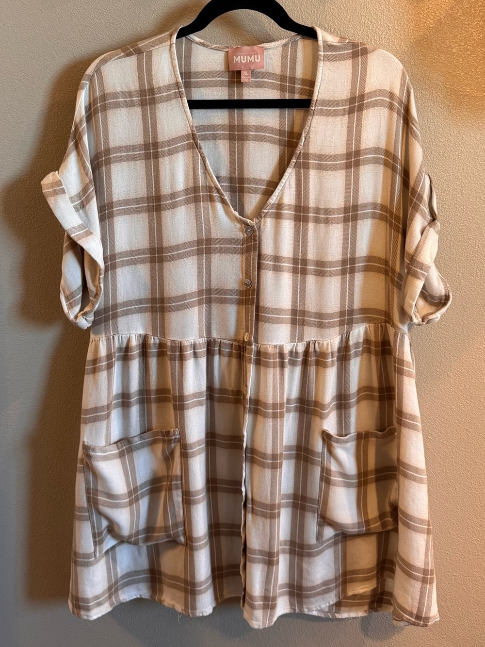 Show Me Your MuMu Cream and Tan Plaid Babydoll Dress - Picture 3 of 7